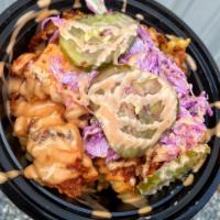 4. Fuego Fries Combo · Fries topped with chicken, coleslaw, pickles and sauce.