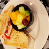 Chicken Pesto Panini Lunch · Grilled chicken, roasted red peppers, tomato, melted provolone and pesto mayonnaise. Served ...