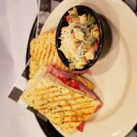 Ham and Pepper Jack Panini Lunch · Ham, pepper jack cheese, tomato, and roasted red peppers with Cajun mayonnaise. Served with ...