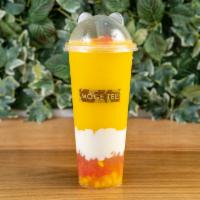 Mango Pomelo · Ice blended with fresh mango, topped with white bubble, pomelo, and cheese foam 新鲜芒果、西柚粒以及美味...