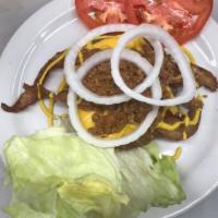 Bacon Cheeseburger Plate · Comes with two 6 oz. patties mustard chili onion lettuce tomato fresh strips of country baco...