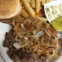 Hamburger Steak Plate · Comes with 12 oz. steak grilled onions crinkle cut fries, slaw and a roll.