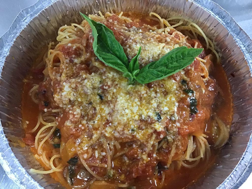 Capellini Arrabiata · Angel hair pasta with spicy tomato sauce and garlic.