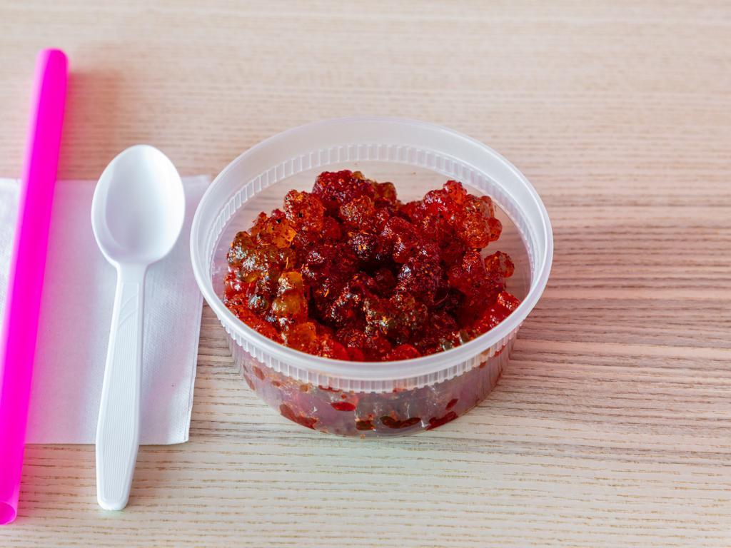 Chamoy Chilito Gummies  · Gummies, covered on our house made chamoy blend sauce, sprinkled with a mixture of 3 types of chile powders. Come in a big round 8 ounce container.