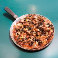 Monster Pizza · Pepperoni, sausage, hamburger, bacon, green peppers, mushrooms, onions, sour cream, olives, ...