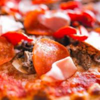Mulberry Pizza · Crumbled Italian sausage, pepperoni, Canadian bacon, beef, and Wisconsin mozzarella, with Ru...
