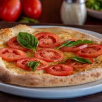 Margherita Pizza · Roma tomatoes, fresh basil, garlic, Wisconsin mozzarella, and Sicilian  extra-virgin olive o...