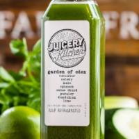 Garden of Eden · Cucumber, celery, kale, spinach, parsley, Swiss chard, dandelion and lime.