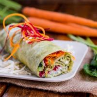 Vegan Wrap · Spinach wrap with non diary daiya mozzarella and lettuce, sautéed kale, broccoli, mushroom, ...