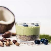 Coconut Matcha Bowl · Top: Matcha, cashew, coconut meat, coconut oil, maple syrup, blueberries and coconut flakes....