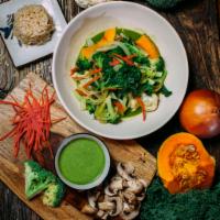 Green Curry Bowl · Sauteed kabocha, cauliflower, broccoli, white mushrooms, onions, carrot and kale in a home m...