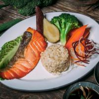 Broiled Salmon with Pesto · Served with a small garden salad, steamed vegetables and brown rice.
