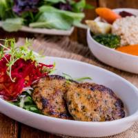 QUINOA-SALMON PATTIES · Two pan seared patties with steam veg ( carrot, broccoli, Japanese sweet potato.) and brown ...