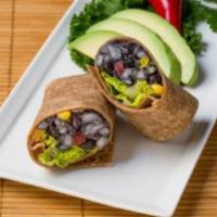 Black Bean Avocado Wrap · A Tasty Vegetarian Wrap: Organic Black Beans with avocado, corn, green & red onion, sweet pe...