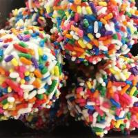Vanilla Sprinkle Cake Ball · vanilla cake and frosting, rolled in white chocolate and rainbow sprinkles
