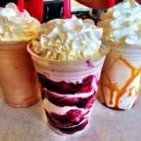 Huckleberry Avalanche · Coffee free white chocolate frappe with real Montana Huckleberries.
