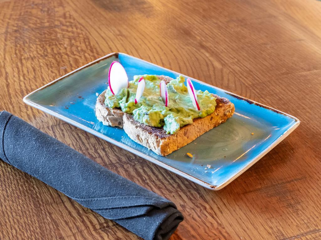 Avocado Toast · Seven grain bread, red chile, lemon, radish, extra virgin olive oil. Add smoked salmon for an additional charge.