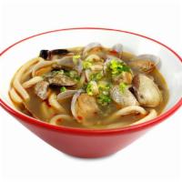 Spicy Clam Udon · Udon noodles in spicy manila clam broth with garlic and chili peppers