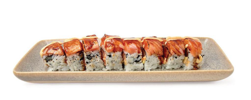 Mew Special Roll · Spicy salmon and avocado wrapped in seared salmon and mayo