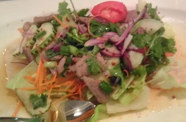 Dinner Beef Salad · Grilled beef, tomato, cucumber, red onion, cilantro and mint mixed in lime vinaigrette dressing.