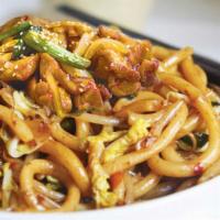 Chicken Teriyaki Udon · Teriyaki stir-fry udon with chicken and bean sprouts topping.