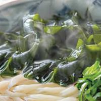 Wakame Udon · Original noodles served with our homemade soup broth and seaweed topping.