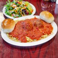 Spaghetti with Meat Sauce · A healthy portion of our pasta comes with a side salad and a fresh roll. Available for 2 mea...