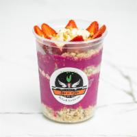 99. Pantry Bowl · Strawberries, banana, mango, soy milk, honey. Top: granola, strawberry, banaana.