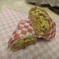 Breakfast Burrito · One egg scrambled with bacon, sausage, cheese and spring onions.  Topped with chipotle sauce