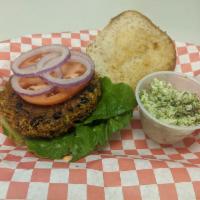 Black Bean Burger · House-made black bean and sweet potato burger with lettuce, tomato, red onions and chipotle ...