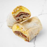 Breakfast Burrito · Bacon or sausage, egg, cheese, and hashbrown. 