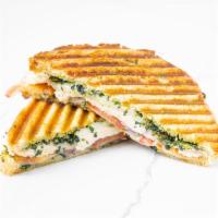 Turkey & Cheese Melt · Hickory smoked turkey breast, provolone, housemade pesto, red onion and tomato on grilled so...