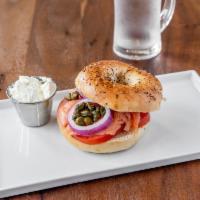 Lox and bagel · Smoked salmon, red onions, Roma tomatoes, capers, cream cheese, and a choice of bagel.