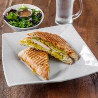 Chipotle Chicken Panini · Grilled chicken, avocado, tomatoes, lettuce and chipotle sauce on ciabatta bread with a bag ...