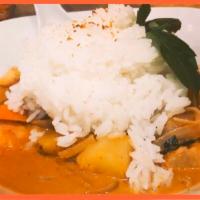 19.Massaman Curry · Potatoes,Cattots,Peanuts,Coconut milk &Basil leaves.( Served with Jasmine rice)