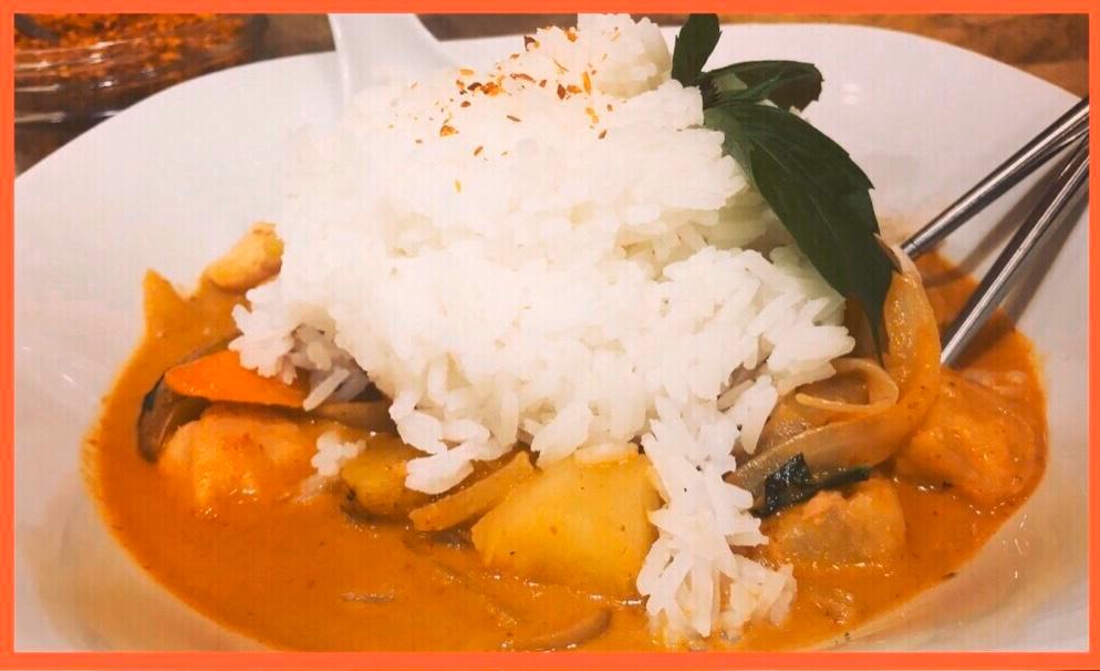 19.Massaman Curry · Potatoes,Cattots,Peanuts,Coconut milk &Basil leaves.( Served with Jasmine rice)