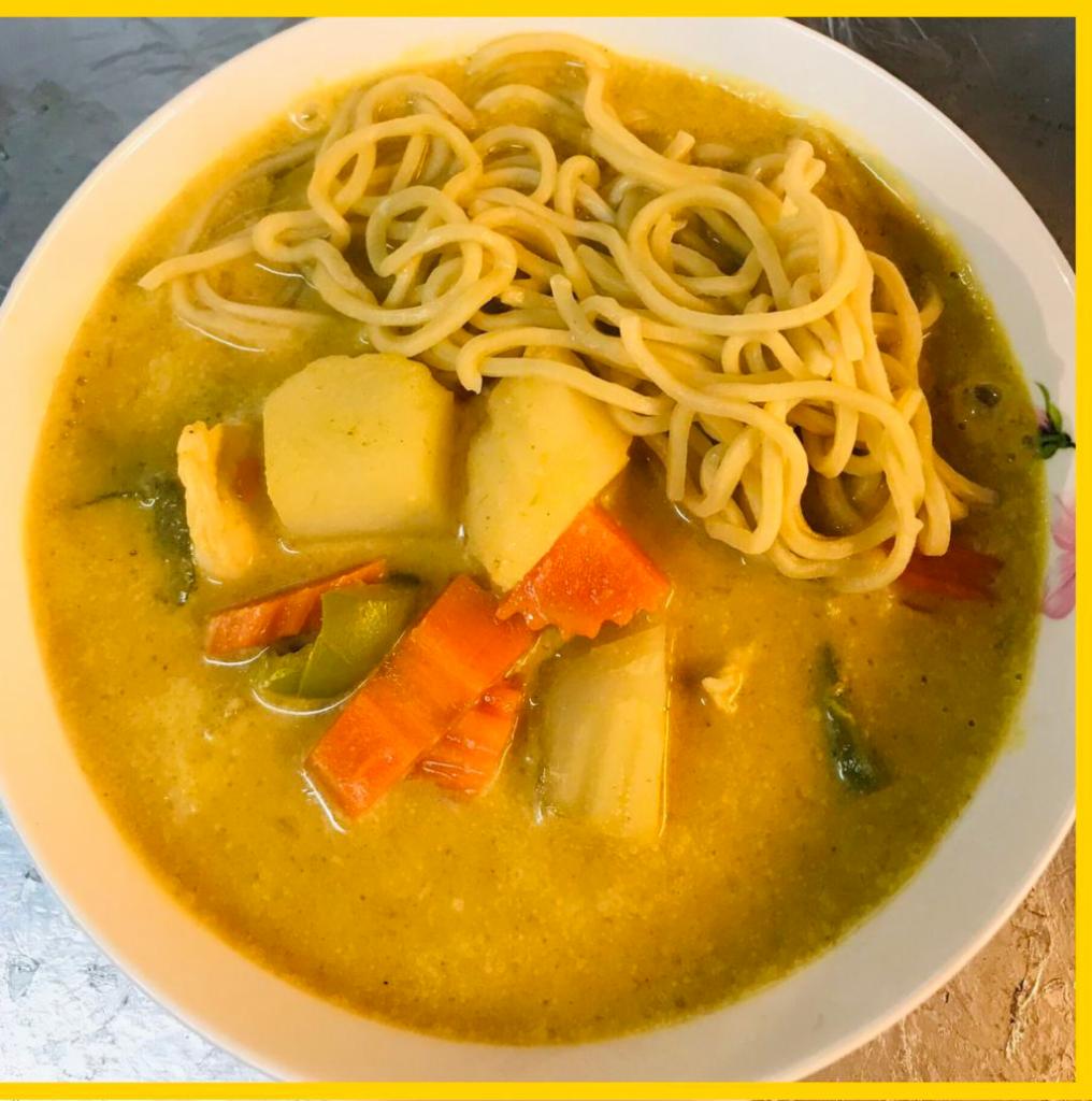 11. Sky Noodle Curry · Steamed rice noodles, steamed mixed vegetables, and peanut curry sauce.