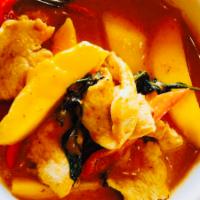 Mango Curry · Red curry cooked in coconut milk with fresh mango with bell pepper&Basil leaves. 