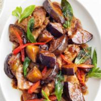 Eggplant Stir Fry · Eggplant stir-fried in our house sauce with bell pepper and mixed vegetables with a side of ...