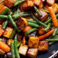 Green Bean Stir Fry · Fresh green bean stir-fried in red curry sauce bell pepper and kaffir leaves with a side of ...