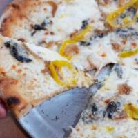 Fun-ghi Pizza · White sauce, garlic confit, mozzarella cheese,  roasted mushrooms,  caramelized onions, bana...