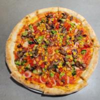 Veggies Pizza · Marinara sauce, broccoli, yellow onions, roasted corn, roasted mushrooms, black olives, roas...