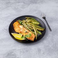 Salmon · Pan seared with lemon, capers, sage, split string beans and extra virgin olive oil.