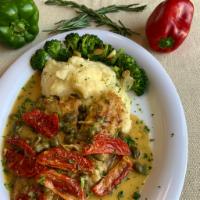 Peixe Ao Molho de Limao · Grilled fish with lemon-white wine sauce, garlic, capers and sun-dried tomatoes. Includes: m...
