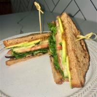 BUTTERBEAN BACON SANDWICH  · Butterbean Gouda, Sweet pickles, Avocado, Spinach, 
Shiitake Bacon, Tomatoes, Sprouted Wheat...