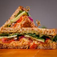 UPTOWN FRESCO  · Butterbean Gouda , Alfalfa, Avocado Hemp Mousse, Cucumbers and Onions on a  Sprouted Wheat T...