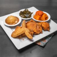 Fried Chicken · 2 wings, 1 leg, 1 thigh seasoned to perfection. Includes your choice of 2 sides.