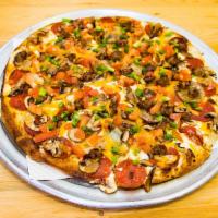 4. Power Forward Pizza · Garlic combo pizza. Pepperoni, Italian sausage, fresh mushrooms, mozzarella cheese, fresh to...