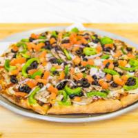 5. The Borg Pizza · Classic veggie pizza. Fresh mushrooms, red onions, black olives, green peppers, mozzarella c...