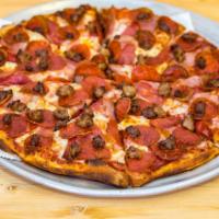 6. Grand Salami Pizza · All meat pizza. Salami, pepperoni, ground beef, Italian sausage, Canadian bacon, and mozzare...